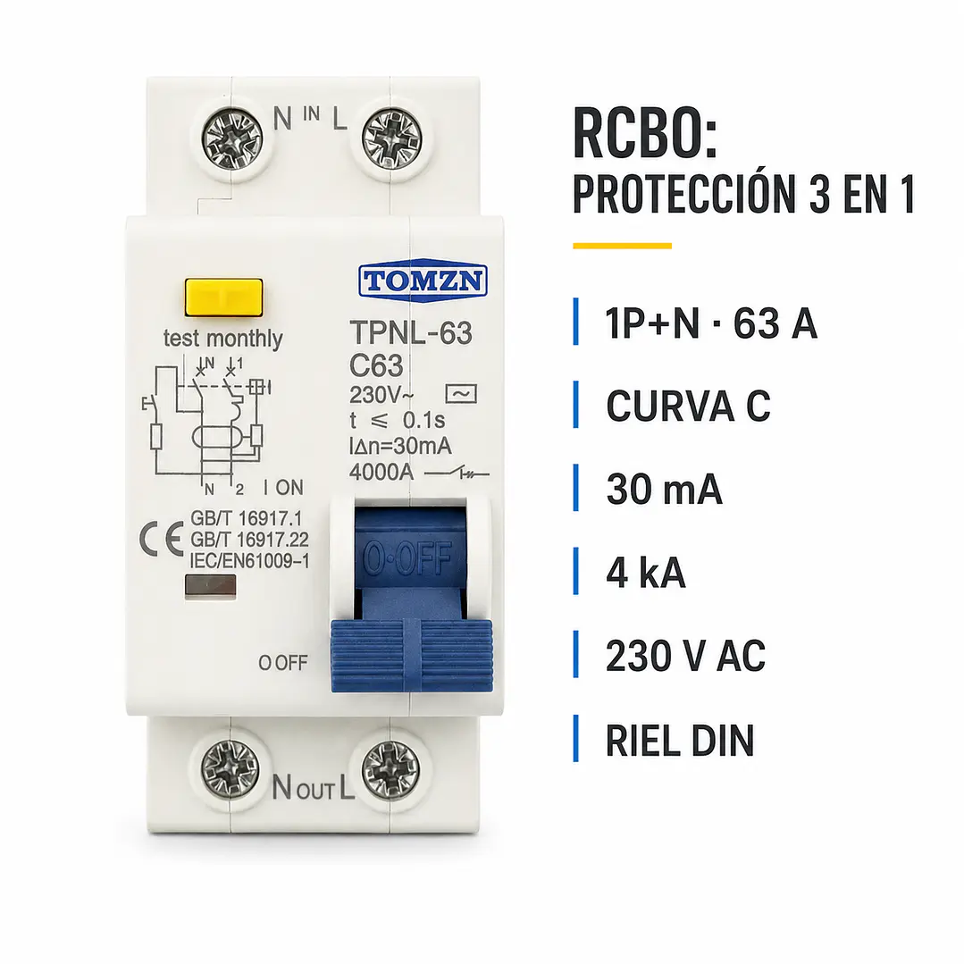 Interruptor Diferencial Automático RCBO TOMZN 1P+N 63A C63 30mA – Protección contra Fugas y Sobrecarga 2