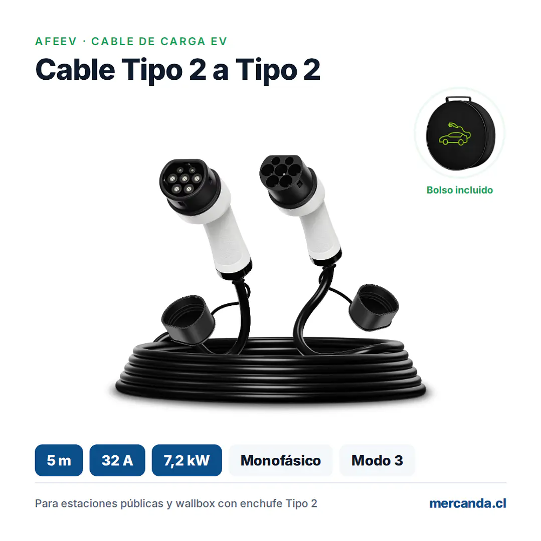 Cable de Carga Auto Electrico Tipo 2 a Tipo 2 - 5m, 32A / 7,2 kW Monofásico AFEEV 1
