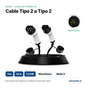 Cable de Carga Auto Electrico Tipo 2 a Tipo 2 - 5m, 32A / 7,2 kW Monofásico AFEEV