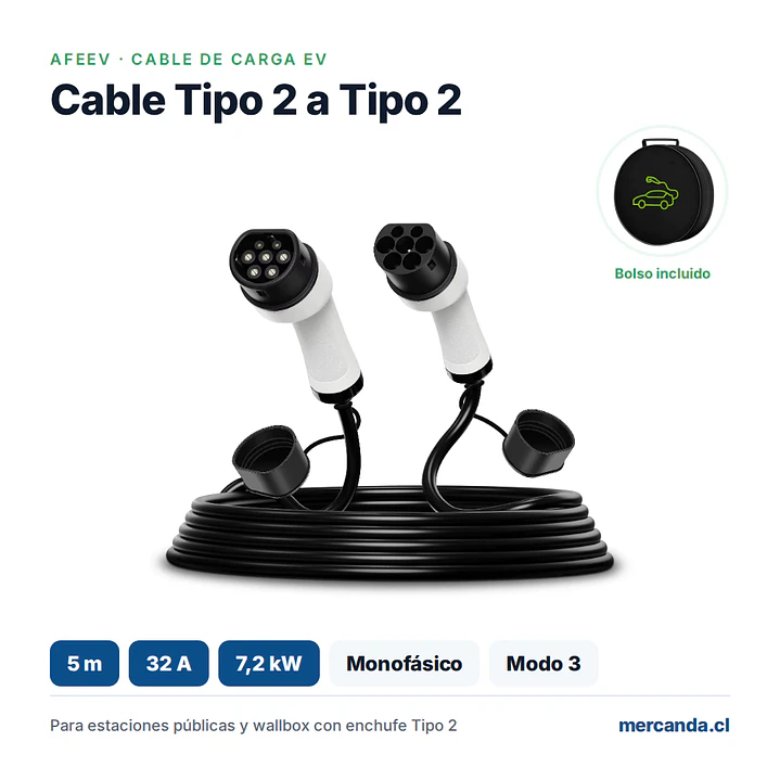 Cable de Carga Auto Electrico Tipo 2 a Tipo 2 - 5m, 32A / 7,2 kW Monofásico AFEEV 1