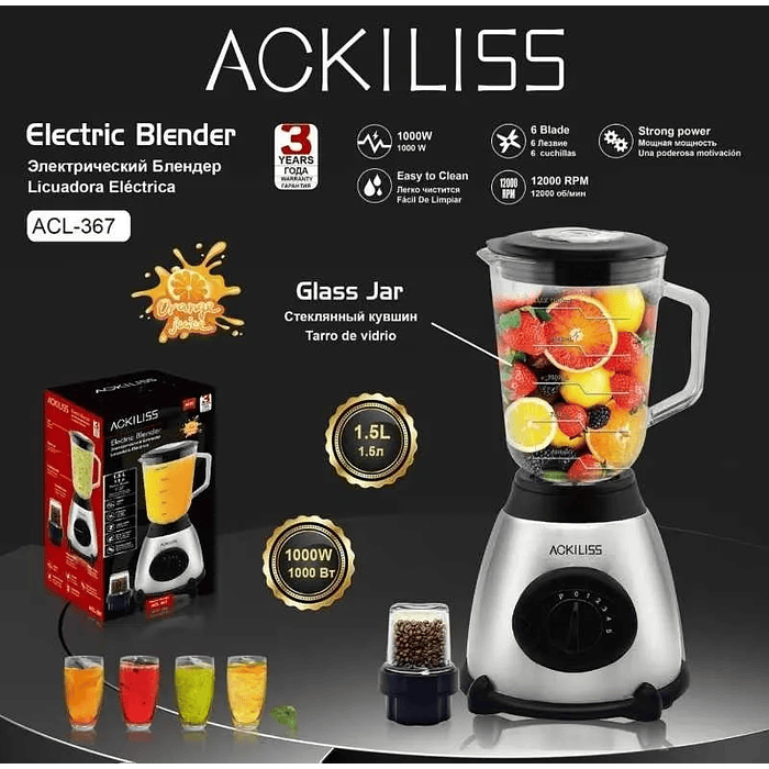 LICUADORA + MOLINILLA VIDRIO 1.5L 2