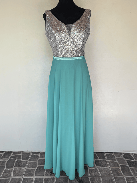 VESTIDO FALDA CELESTE TOP PLATEADO - TALLA 44