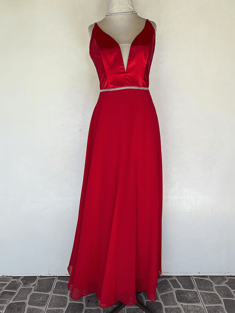 VESTIDO LARGO ROJO CINTURA CON BRILLO - TALLA 42
