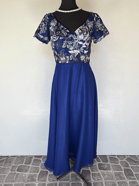 VESTIDO LARGO AZUL TOP ROSAS BLANCAS - TALLA 46