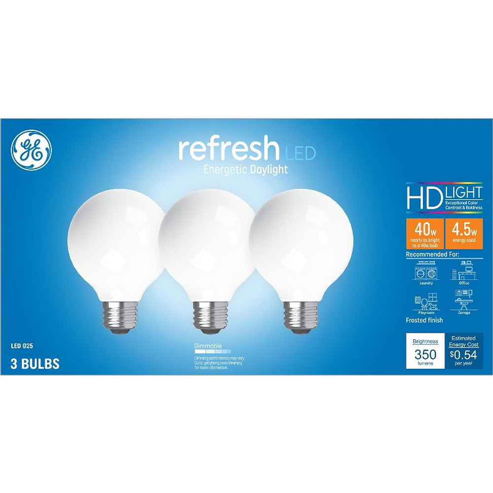 GE 3pk 40W Refresh G25 LED Globe Light Bulbs Daylight