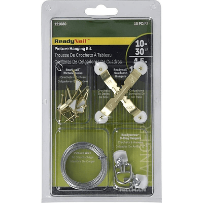 Hillman 10pc 10lbs-30lbs Picture Hanging Kit: Brass Hooks & Hangers, Gold, Picture Hanging...