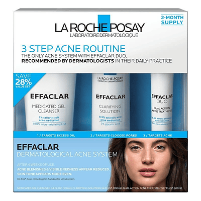 La Roche Posay Effaclar Dermatological Acne Treatment 3-Step System Kit with Medicated Gel...