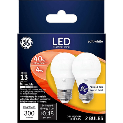 GE 2pk Soft White LED 40W Frosted Ceiling Fan A15: Dimmable 2700K A15 Light Bulbs, 13.7-Ye...