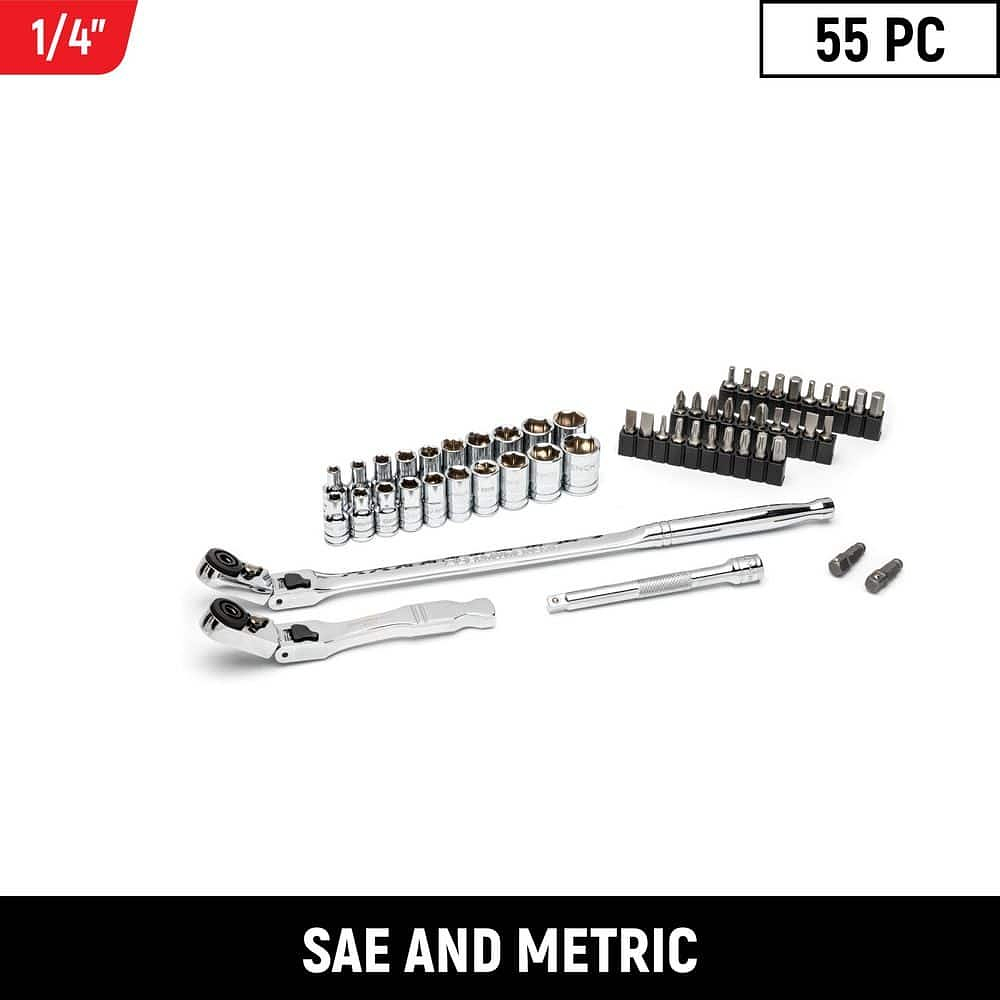 1/4 in. Drive 6-Point SAE/Metric Slim Flex-Head Ratchet and Socket Mechanics Tool Set (55-Piece)