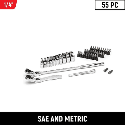 1/4 in. Drive 6-Point SAE/Metric Slim Flex-Head Ratchet and Socket Mechanics Tool Set (55-Piece)