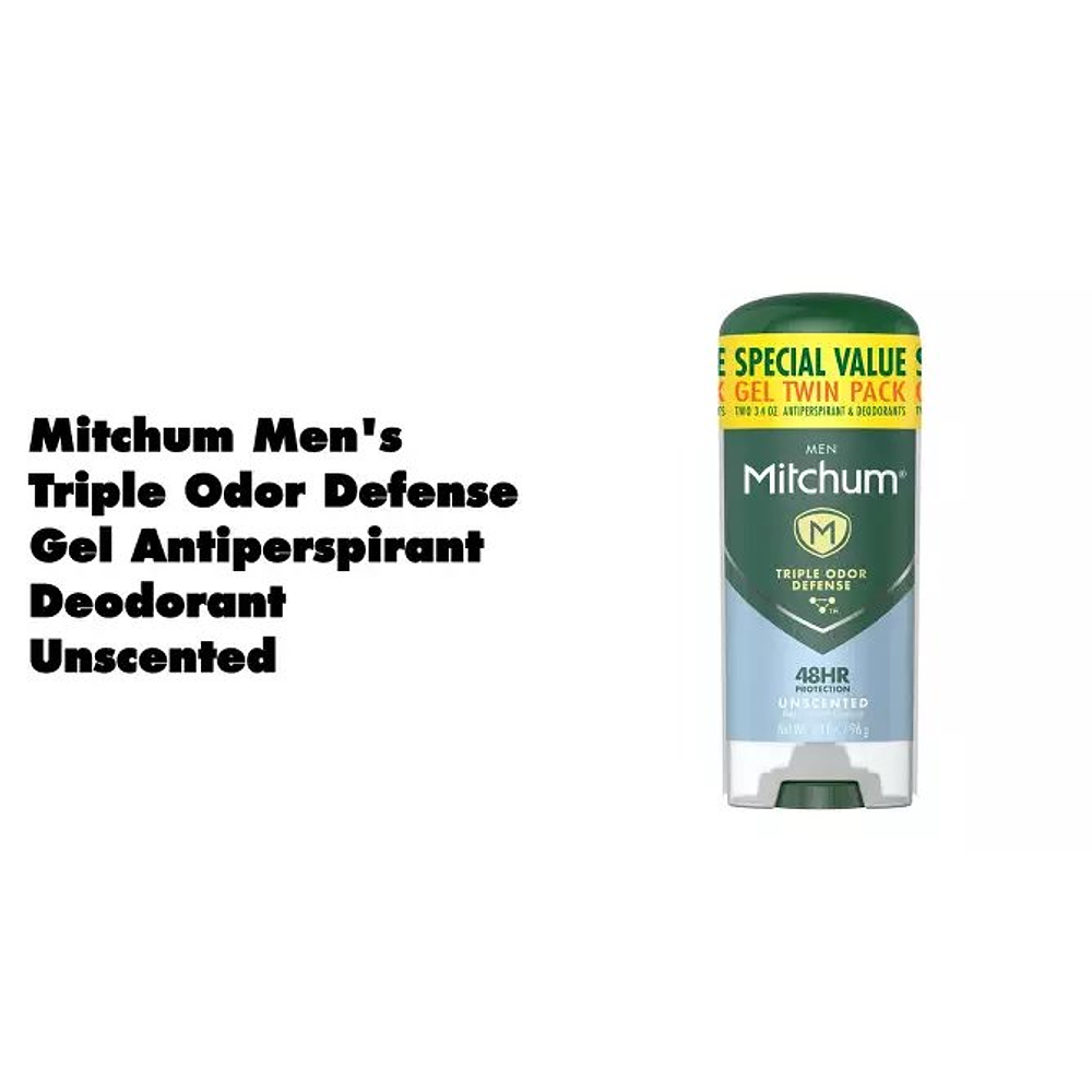 Mitchum Men's Antiperspirant & Deodorant Triple Odor Defense Gel Stick, 48 Hr Protection, Unscented - Unscented - 3.4oz/2pk