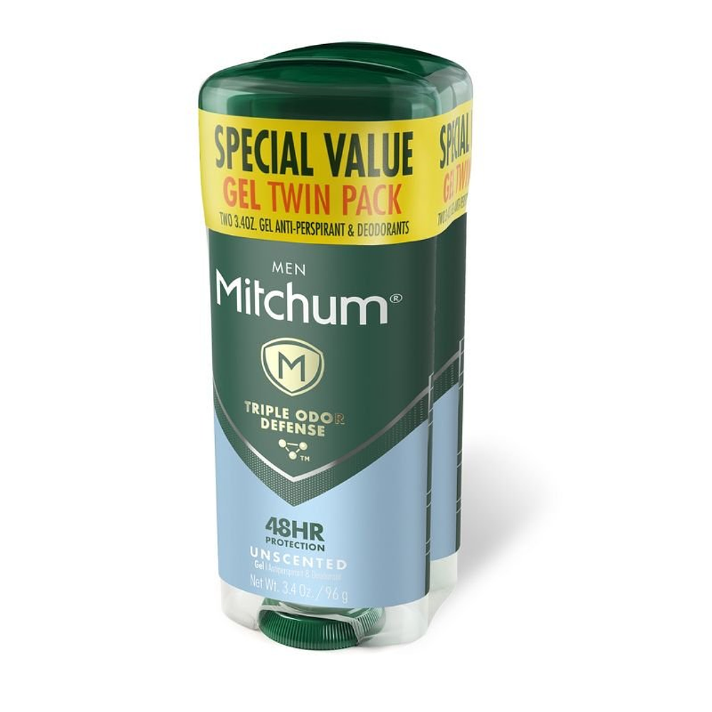 Mitchum Men's Antiperspirant & Deodorant Triple Odor Defense Gel Stick, 48 Hr Protection, Unscented - Unscented - 3.4oz/2pk