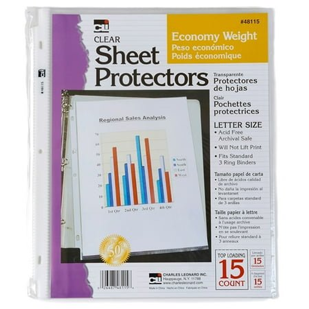 Sheet Protectors  Top Loading with Binder Holes  2 Mils Economy Weight  Letter Size  Pack of 15