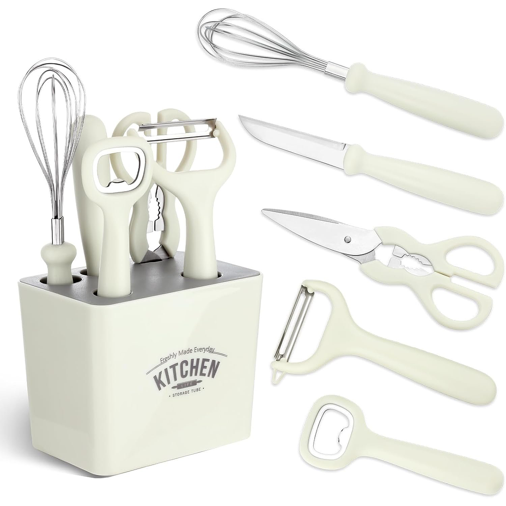 6 Pcs Multifunctional Cooking Utensils Set, and Kitchenware Rack, Dishwasher Safe, BPA Free, White