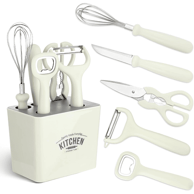 6 Pcs Multifunctional Cooking Utensils Set, and Kitchenware Rack, Dishwasher Safe, BPA Free, White