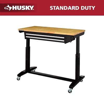 Tool Storage 46 in. W x 24 in. D 2-Drawer Adjustable Height Black Worktable with Solid Wood Top