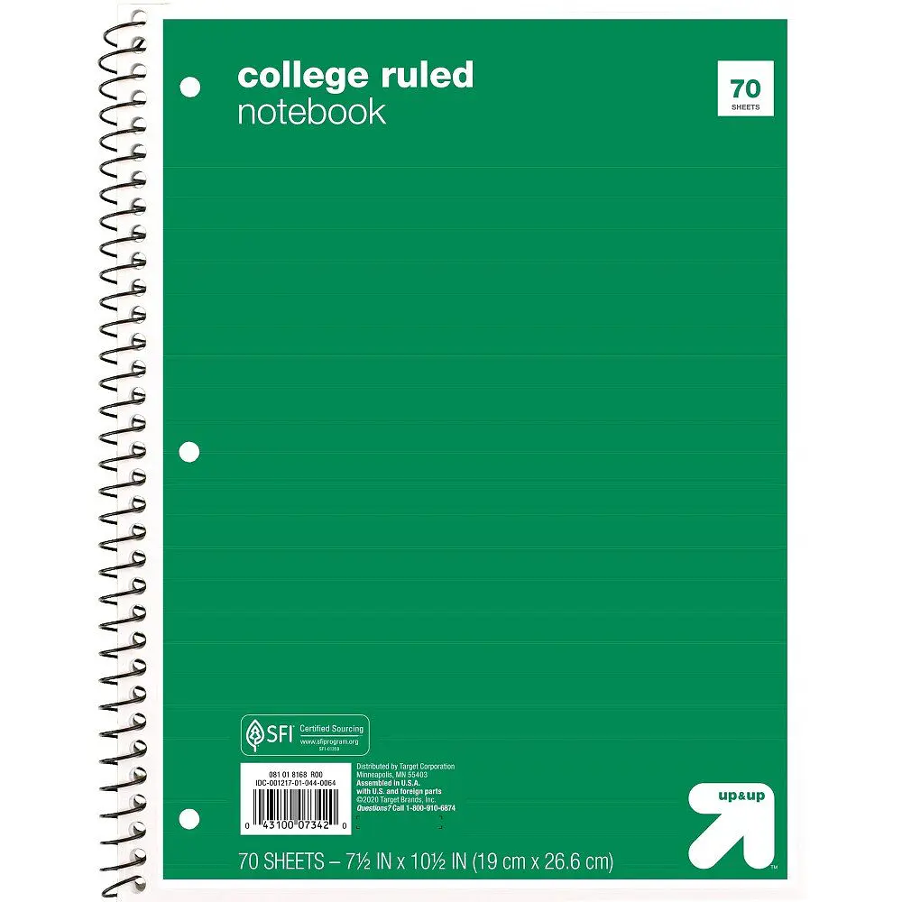 College Ruled Green 1 Subject Flexible Paperboard Cover Spiral Notebook - up&up™: 70 Pages, 3 Hole Punched, 7.5x10.5"