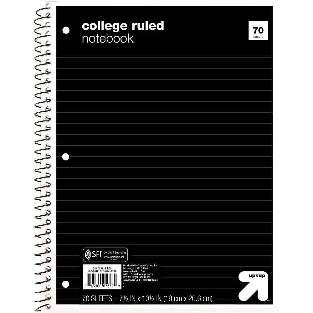 College Ruled Black 1 Subject Flexible Paperboard Cover Spiral Notebook - up&up™: 3 Hole Punched, 70 Pages, 7.5x10.5"