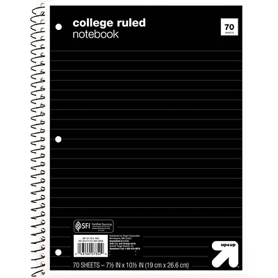 College Ruled Black 1 Subject Flexible Paperboard Cover Spiral Notebook - up&up™: 3 Hole Punched, 70 Pages, 7.5x10.5"