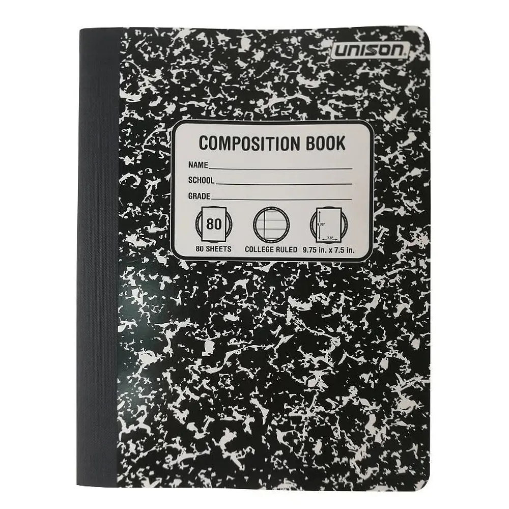 BLACK- Unison Composition Book 80 Sheets College Ruled 9.75 x 7.5