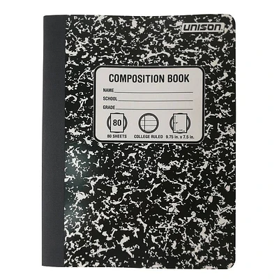 BLACK- Unison Composition Book 80 Sheets College Ruled 9.75 x 7.5