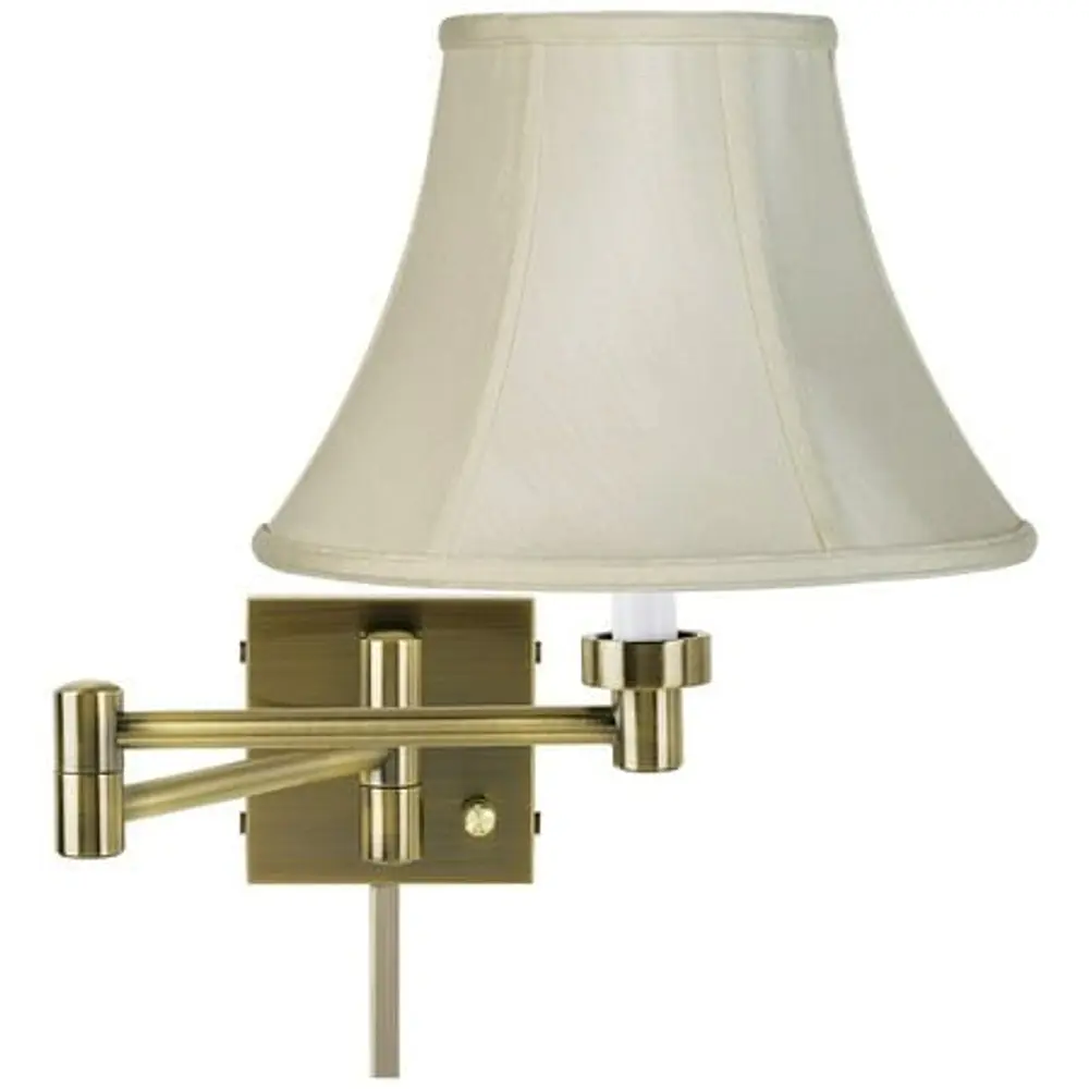 2pc Barnes and Ivy Modern Swing Arm Wall Lamp with Cord Cover Antique Brass Plug-In Light Fixture Creme Fabric Bell Shade for Bedroom (2 WALL LAMPS)