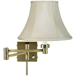 2pc Barnes and Ivy Modern Swing Arm Wall Lamp with Cord Cover Antique Brass Plug-In Light Fixture Creme Fabric Bell Shade for Bedroom (2 WALL LAMPS)