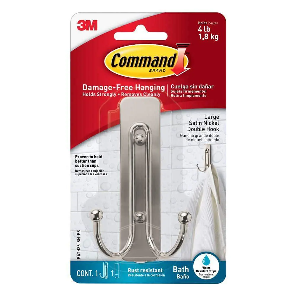Command Large Double Bathroom Wall Hook  Satin Nickel  Damage Free Hanging  1 Metal Hook
