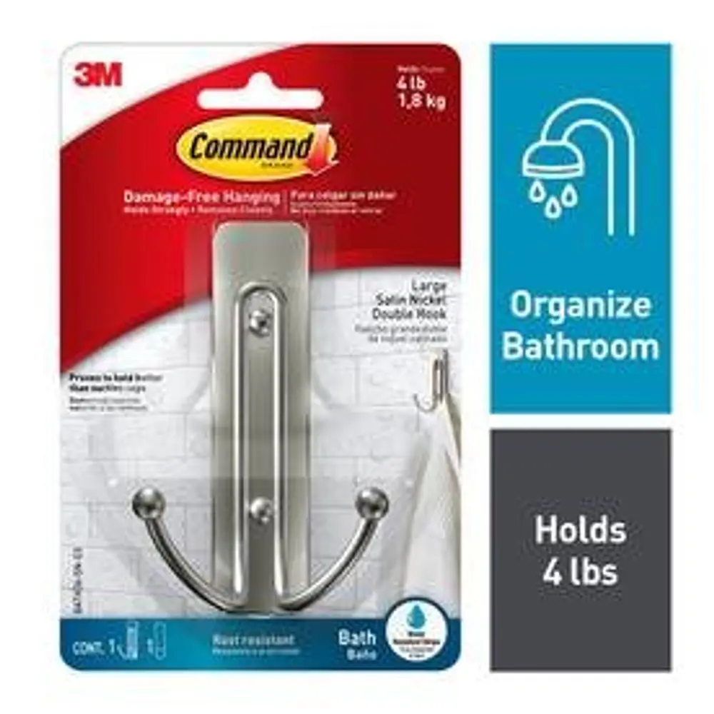 Command Large Double Bathroom Wall Hook  Satin Nickel  Damage Free Hanging  1 Metal Hook