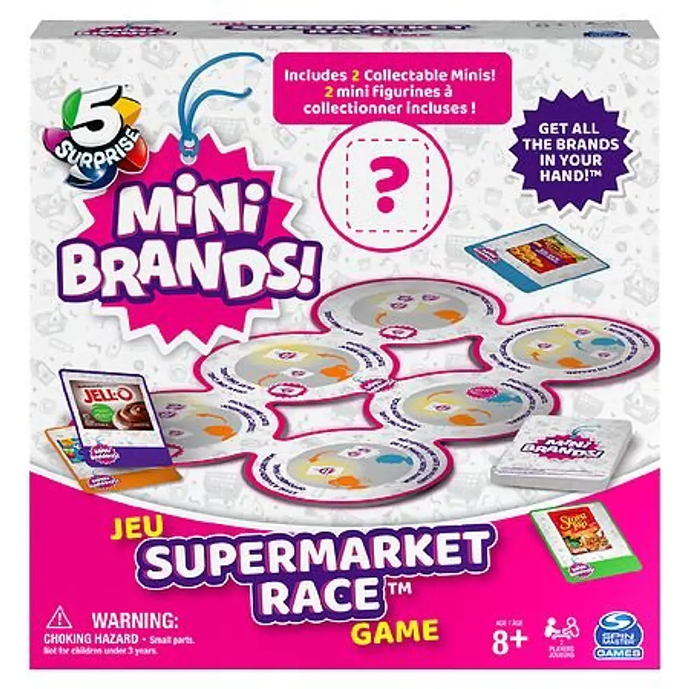 5 Surprise Mini Brands Supermarket Race Board Game by Spin Master  with 2 Collectible Movers for Kids 8 and up