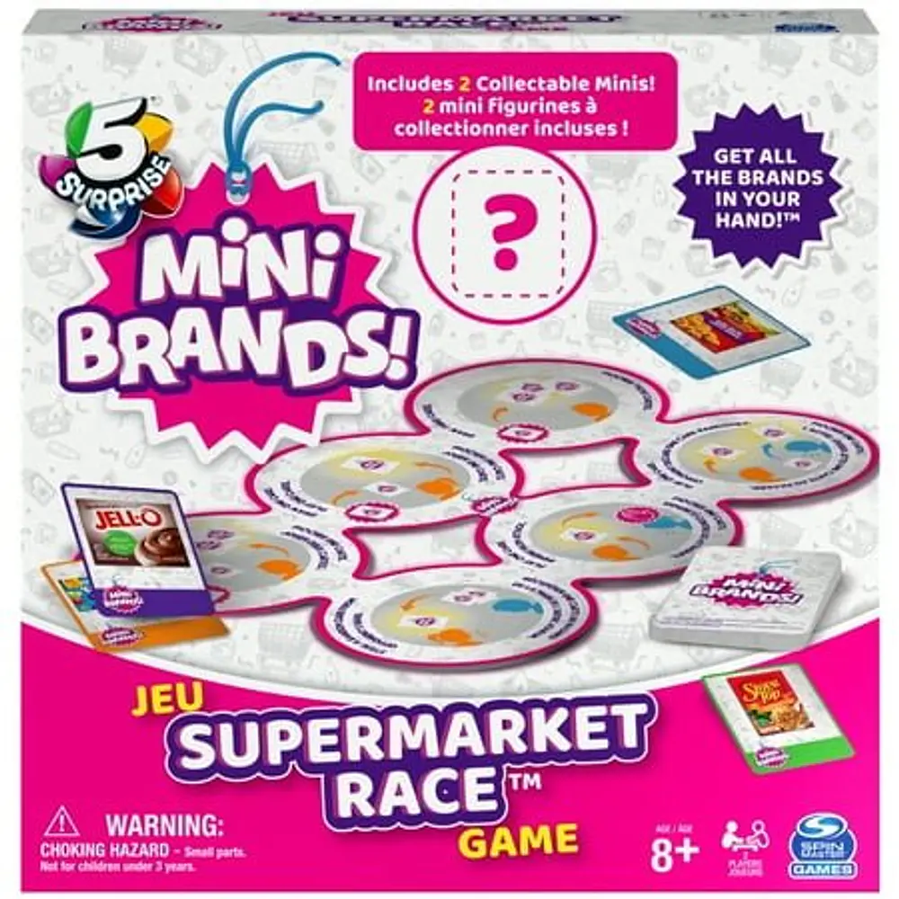 5 Surprise Mini Brands Supermarket Race Board Game by Spin Master  with 2 Collectible Movers for Kids 8 and up