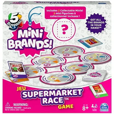 5 Surprise Mini Brands Supermarket Race Board Game by Spin Master  with 2 Collectible Movers for Kids 8 and up