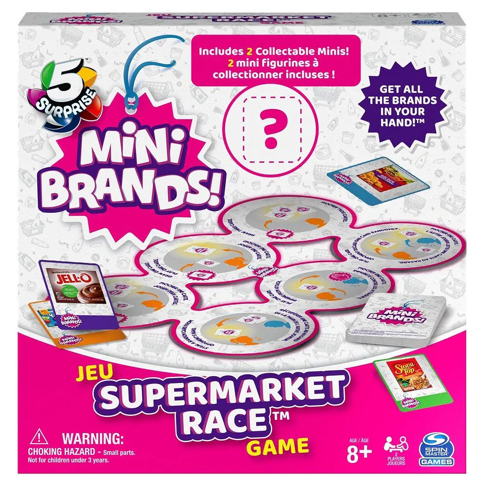 5 Surprise Mini Brands Supermarket Race Board Game by Spin Master  with 2 Collectible Movers for Kids 8 and up