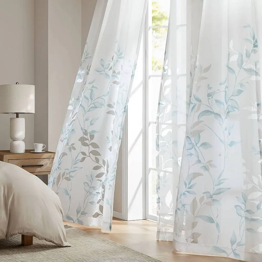 Madison Park Cecily Burnout Printed Curtain Panel in Aqua  50 x95