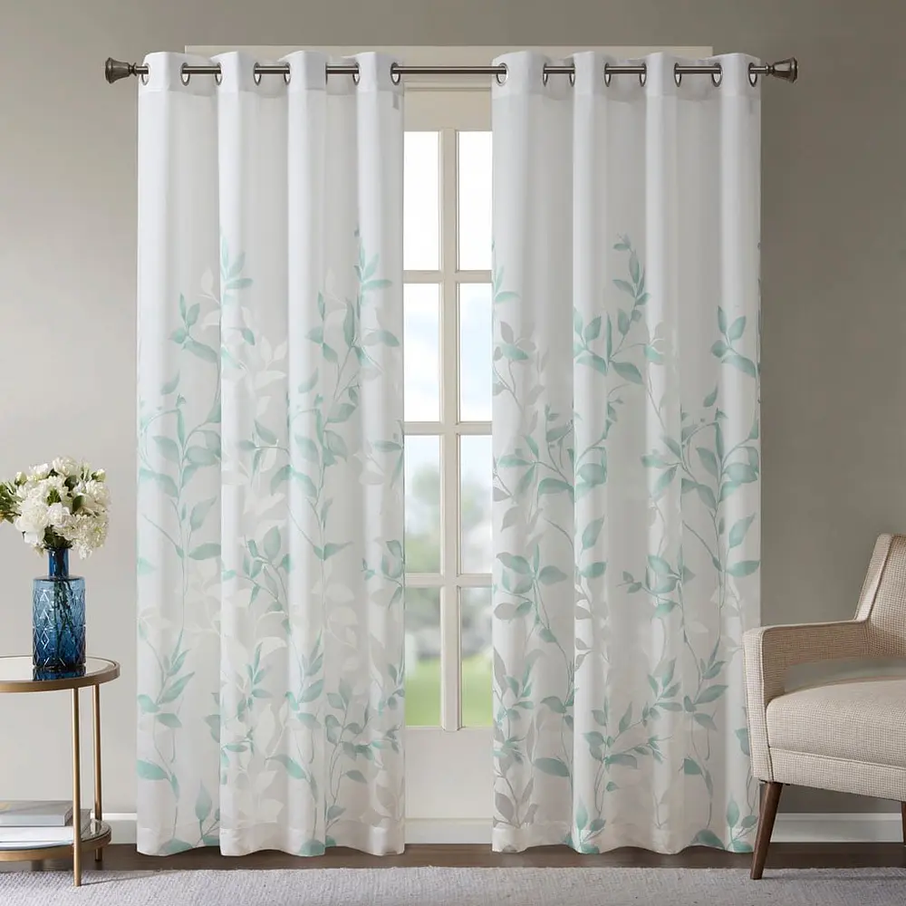 Madison Park Cecily Burnout Printed Curtain Panel in Aqua  50 x95