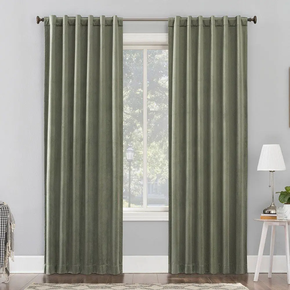 50"x84" Sun Zero 100% Blackout Amherst Velvet Noise Reducing Thermal Curtain Panel Moss Green: Modern Green Curtain