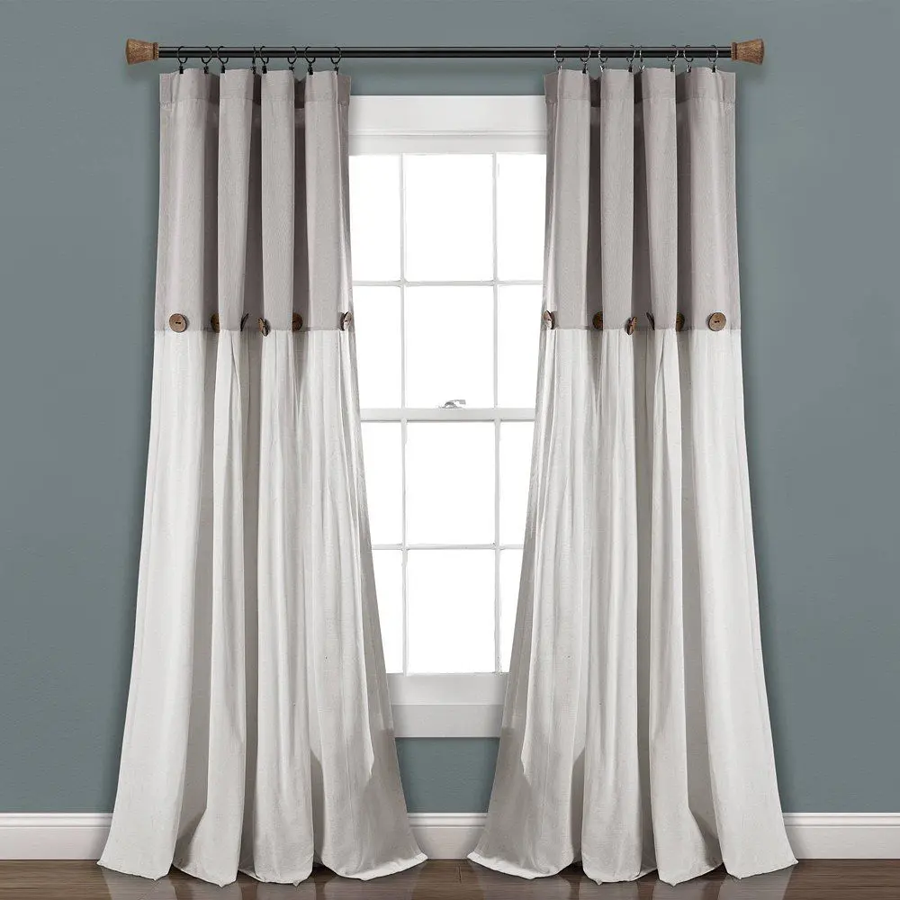 Lush Decor Linen Button Farmhouse Curtains  Gray Medallion Pattern  84 x 40 Inch  1 Panel