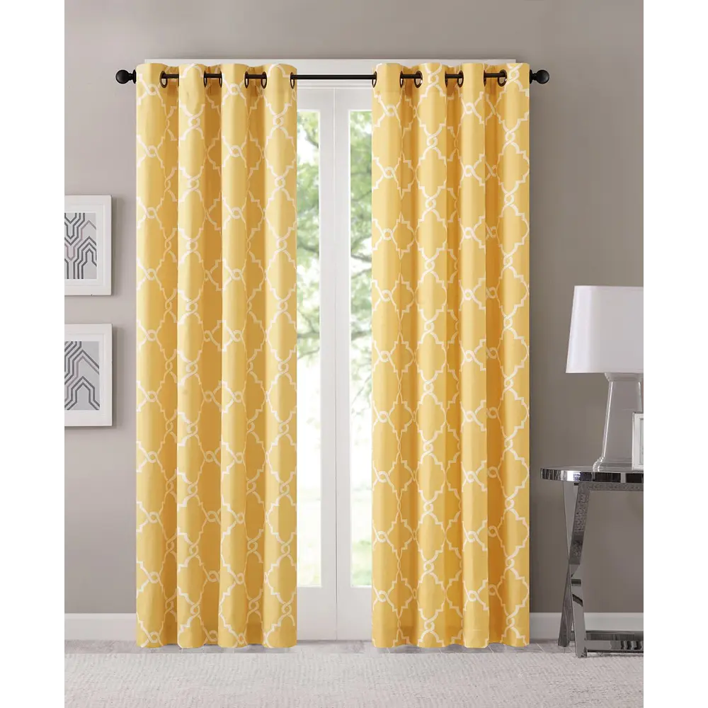 Madison Park Saratoga Fretwork Print Grommet Top Window Curtain Panel in Yellow/White  50 x84