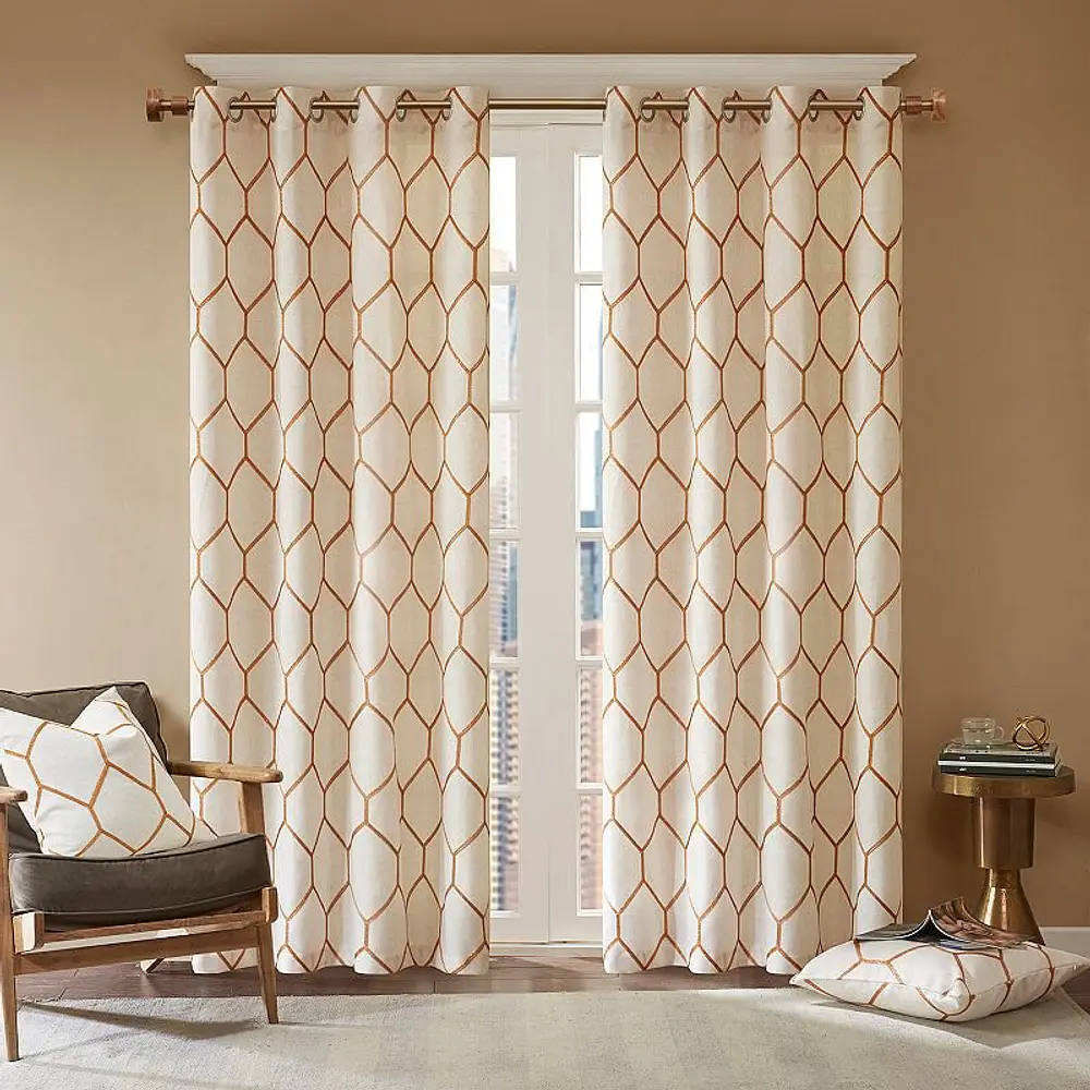 84"x50" Peyton Metallic Geo Embroidered Single Window Curtain Panel Orange: Madison Park, Linen Blend, Light Filtering Drapes