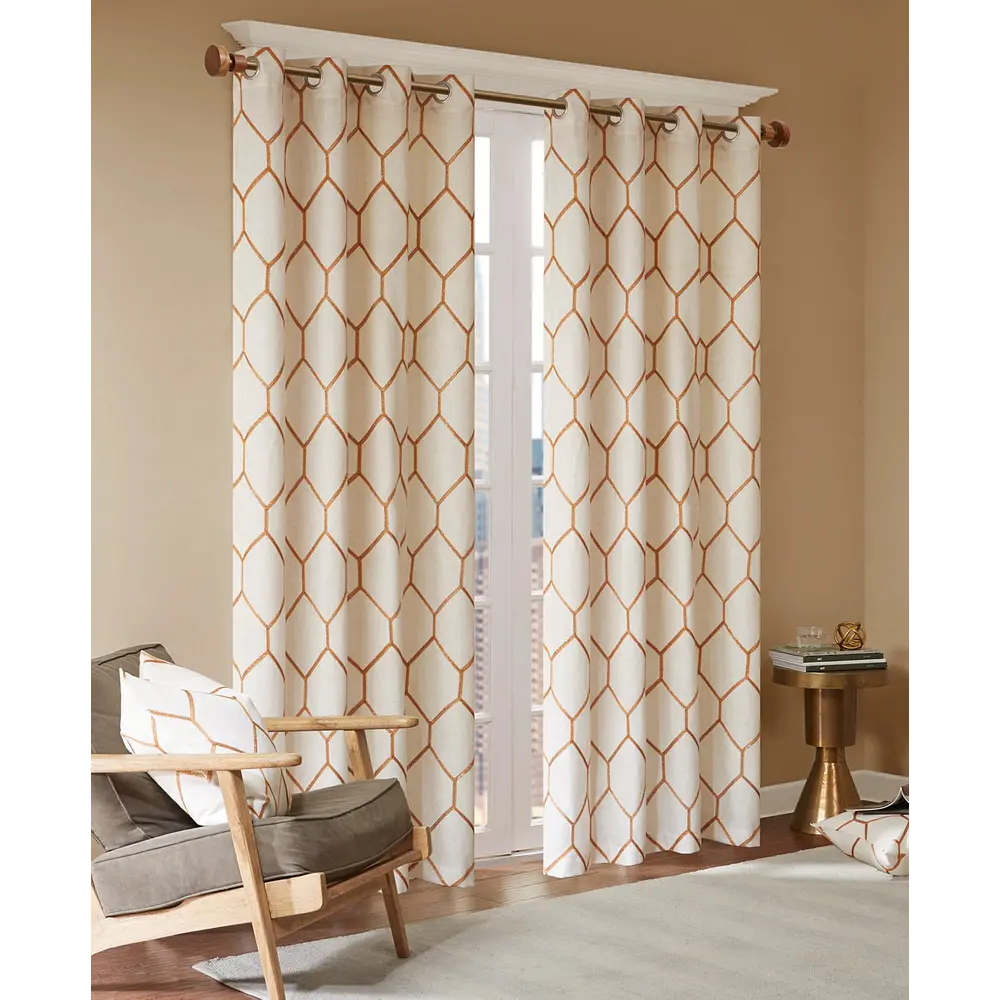 84"x50" Peyton Metallic Geo Embroidered Single Window Curtain Panel Orange: Madison Park, Linen Blend, Light Filtering Drapes