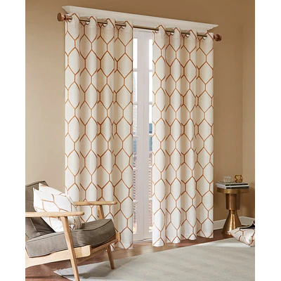 84"x50" Peyton Metallic Geo Embroidered Single Window Curtain Panel Orange: Madison Park, Linen Blend, Light Filtering Drapes
