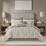 King Grace 12pc Jacquard Complete Bed Set Khaki: Madison Park, Polyester, Damask Pattern, Machine Washable