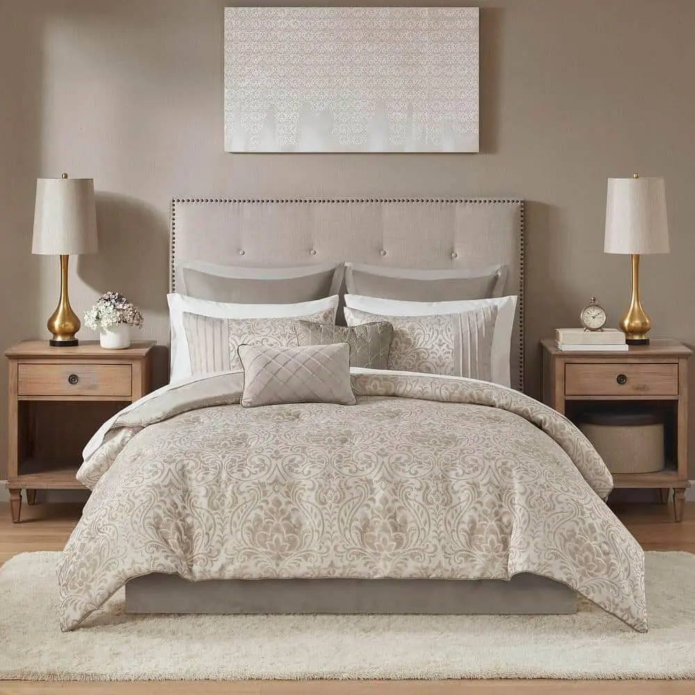 King Grace 12pc Jacquard Complete Bed Set Khaki: Madison Park, Polyester, Damask Pattern, Machine Washable