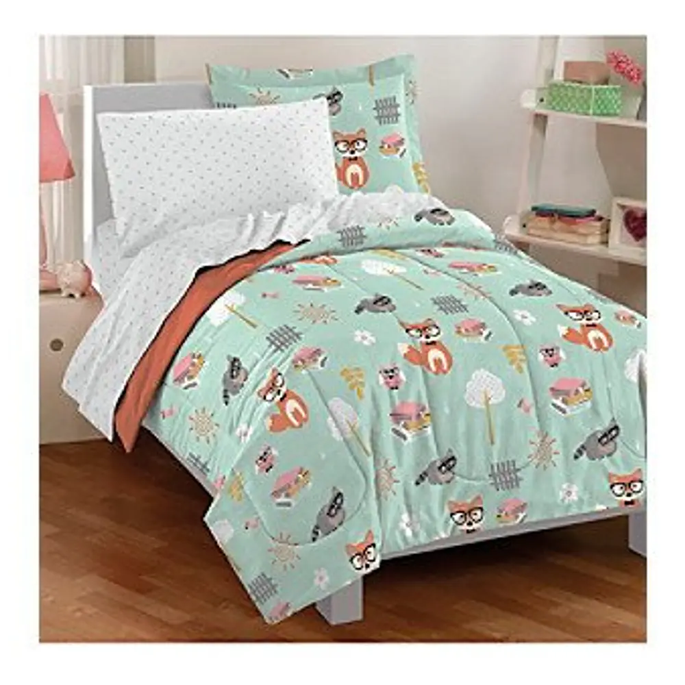 Dream Factory Woodland Friends Mini Kids' Bed in a Bag - Mint (Twin): Kids Woodland Bedding Set, Twin Comforter, 5 Pieces