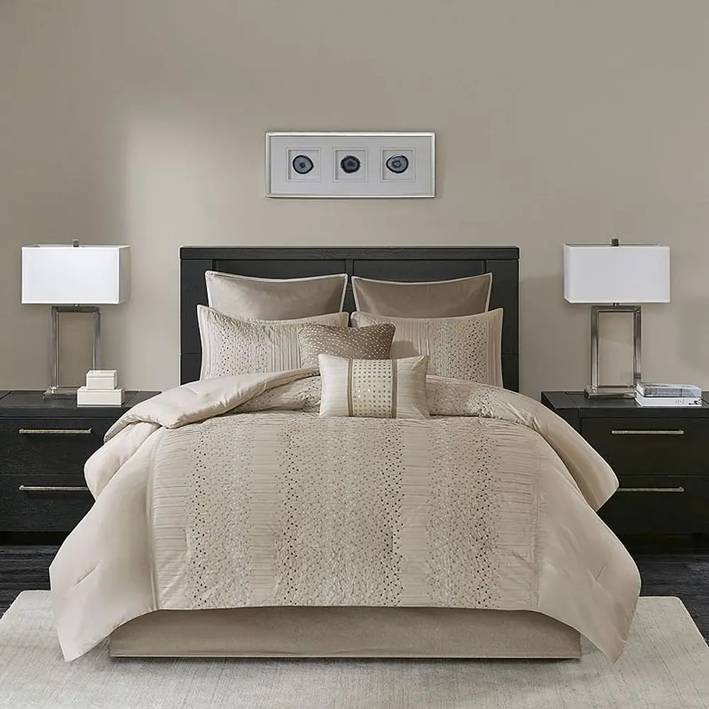 Natural Lillian Embroidered Comforter Set King 8pc Cream: Madison Park, Geometric Pattern, Polyester Fill