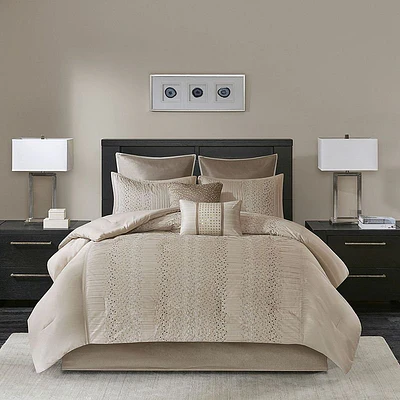 Natural Lillian Embroidered Comforter Set King 8pc Cream: Madison Park, Geometric Pattern, Polyester Fill