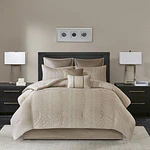 Natural Lillian Embroidered Comforter Set King 8pc Cream: Madison Park, Geometric Pattern, Polyester Fill