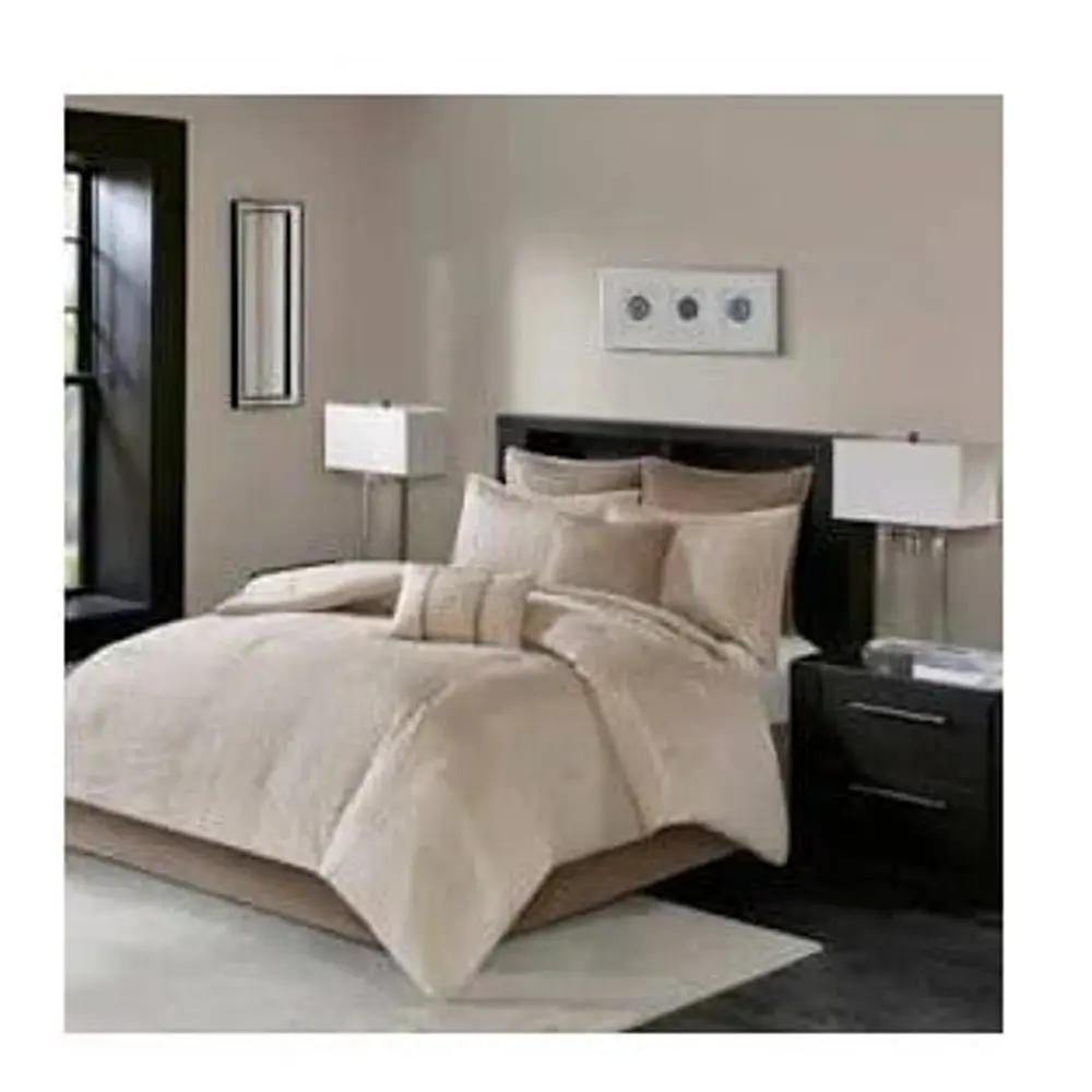 Natural Lillian Embroidered Comforter Set King 8pc Cream: Madison Park, Geometric Pattern, Polyester Fill