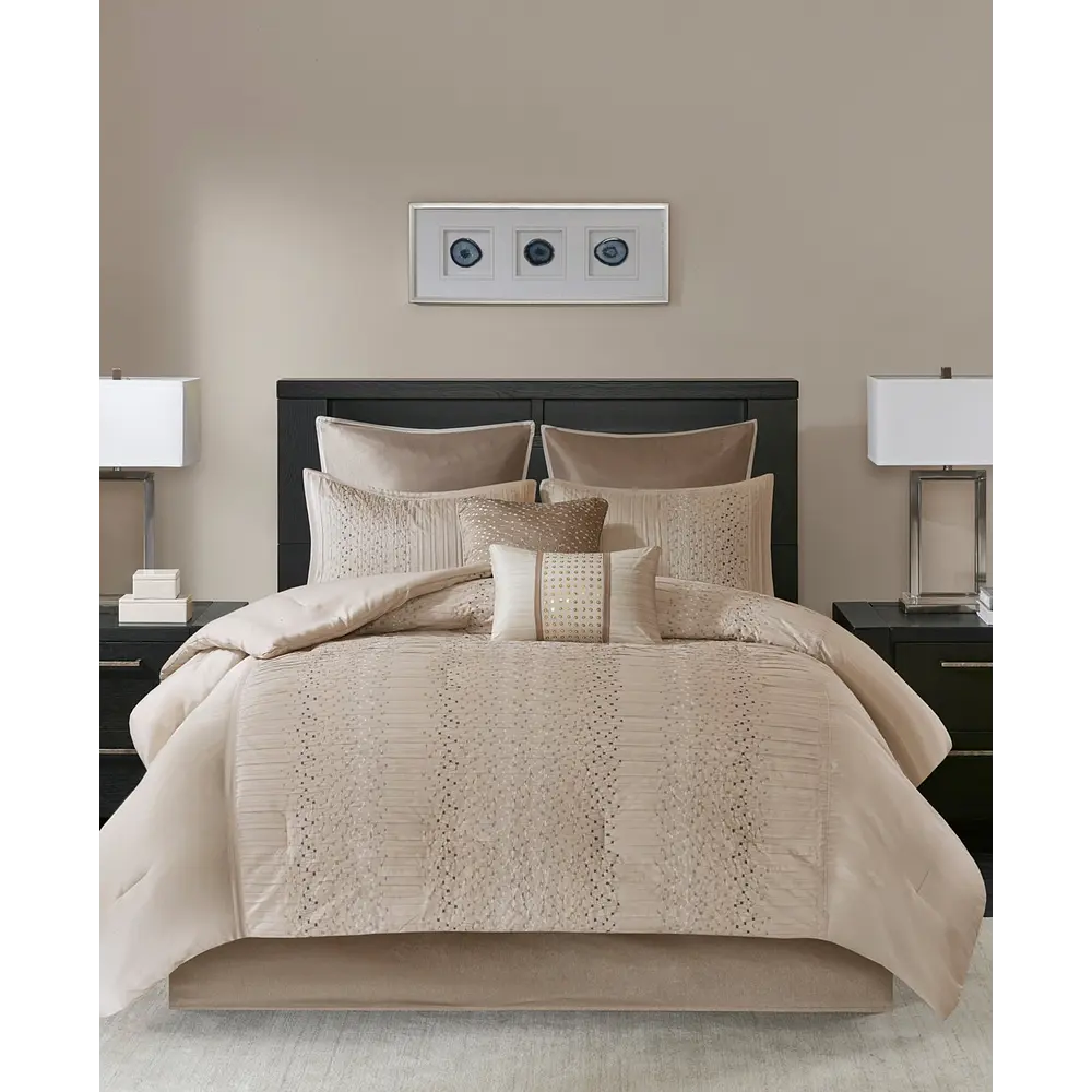 Natural Lillian Embroidered Comforter Set King 8pc Cream: Madison Park, Geometric Pattern, Polyester Fill