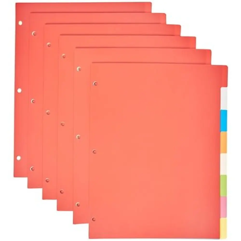 Basics 3-Ring Binder Plastic Divider Set  3-Hole Punched Letter Size 8-Tab Dividers  6 Pack  Assorted Color